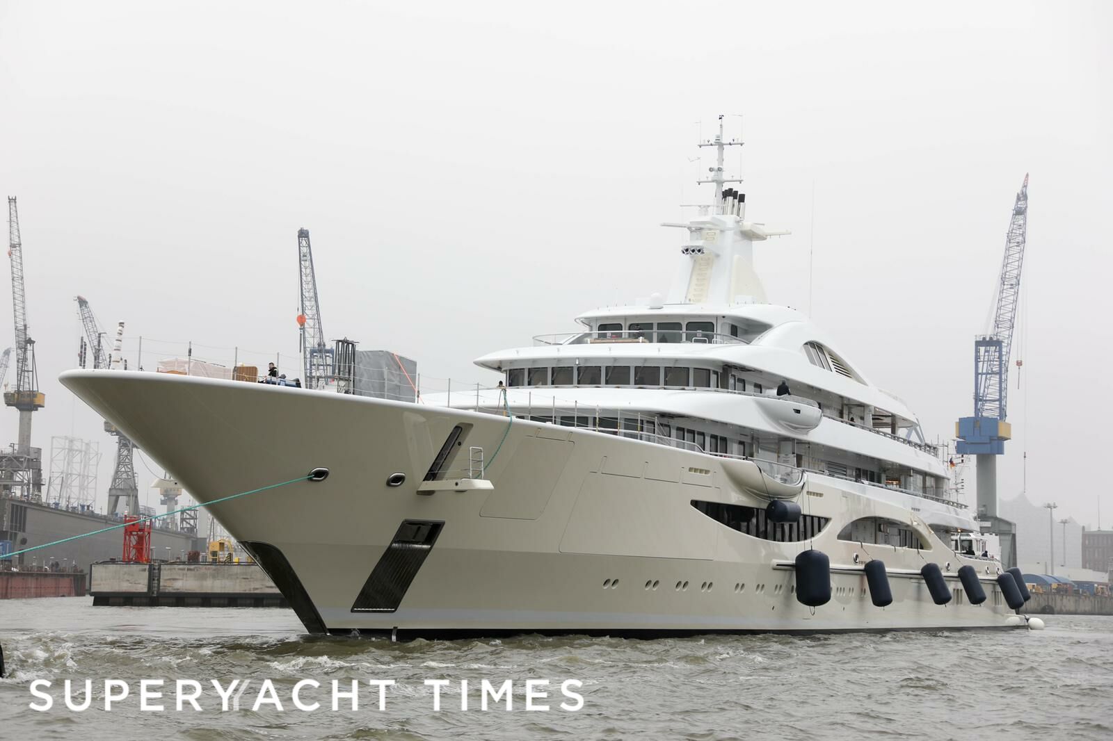 TIS yacht launch mid-refit at Lürssen, Hamburg