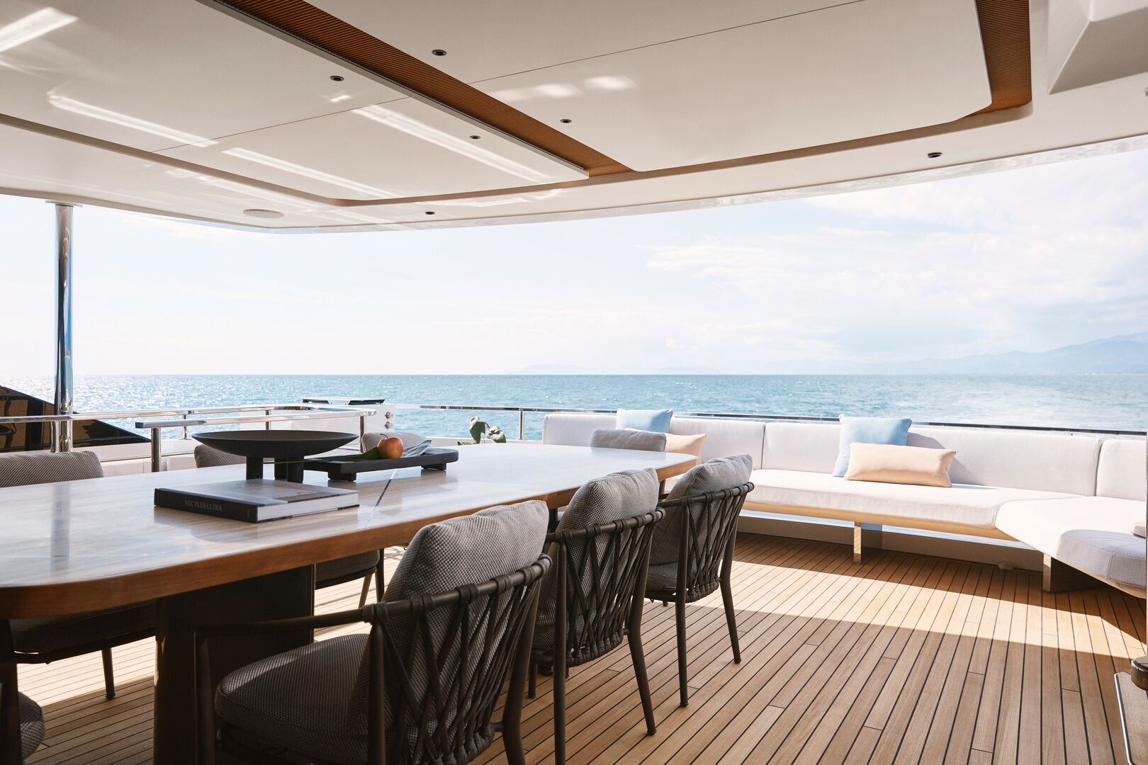 The Beach Club of the Azimut Grande Trideck — the real vessel that inspired The Elysium Grace
