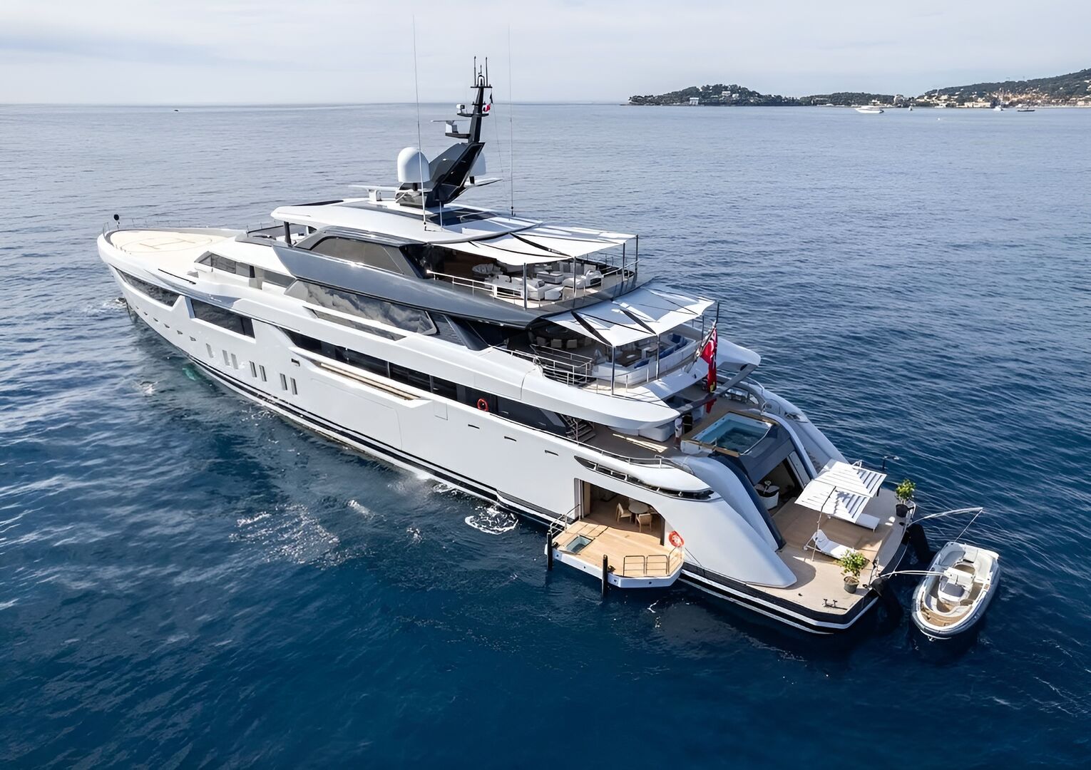 Malia yacht anchored aerial stern