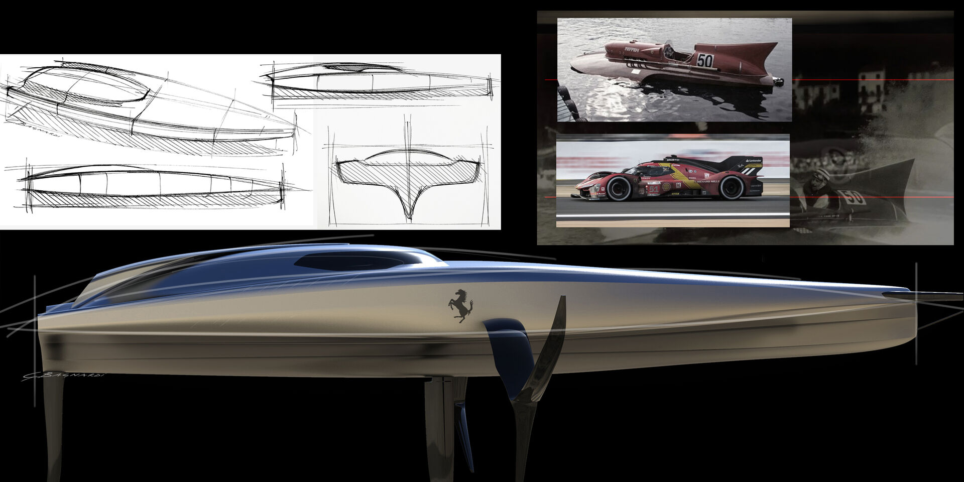 Esboço do iate Ferrari Hypersail de 30 metros.